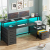 Computer Desk with 5 Drawer, Power Outlet & Led Lights, 66'' Home Office Desk with File Drawer, Monitor Shelf, Gaming Desk